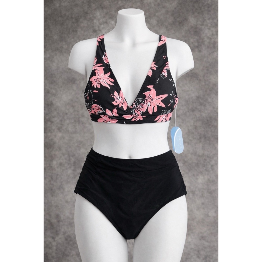Hilinker Bikini Set Swimsuit Women Large Black Floral Beach V-Neck High Waist